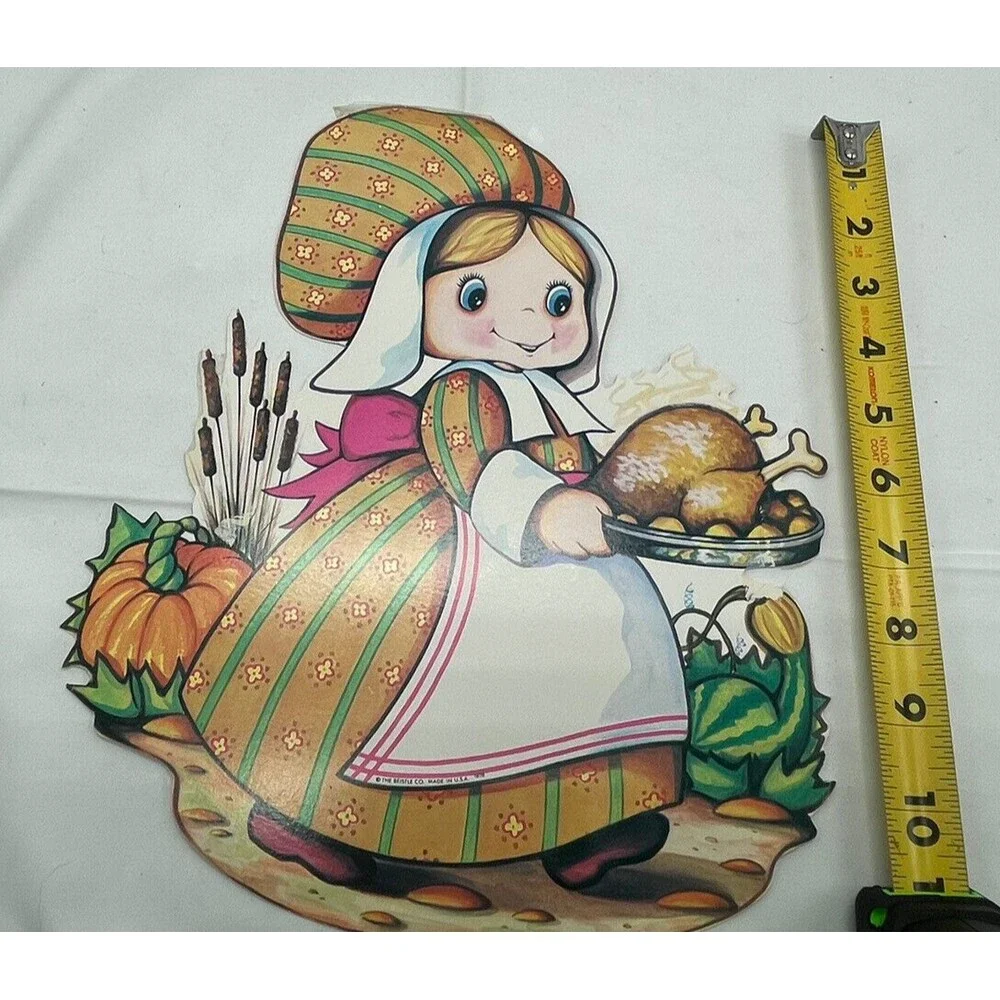 Vintage Beistle 1978 Thanksgiving Die Cut Pilgrim Girl Cardboard Decoration